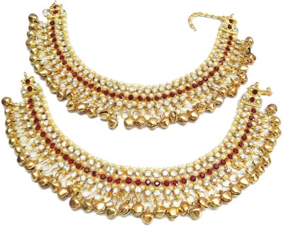 TIRUPATI Deals New Traditional World Indian Gold Tone Designer Ethnic CZ Red Export Marun White Stone Bridal 3 Layer Anklet Jewelry Payal for Women and Girls, Festive Gift Item, White Golden Metal, Alloy Anklet(Pack of 2)