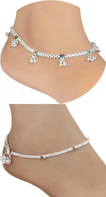 Qrown Indian Traditional Fancy Jewellery Silver White Metal Payal Pair Of Alloy Anklet Alloy Anklet(Pack of 2)