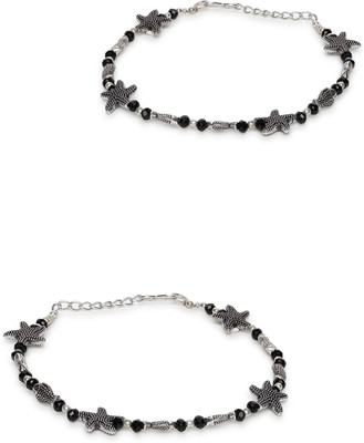 AATMANA Silver-Plated & Black Beaded Handcrafted Starfish_Fish Anklet Alloy Anklet(Pack of 2)