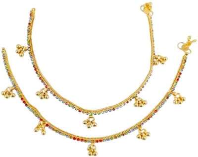 JUST IN JEWELLERY Zirconia Golden Metal Ghungro Alloy, Crystal Anklet For Girls & Women(Pack of 2) Alloy Anklet(Pack of 2)