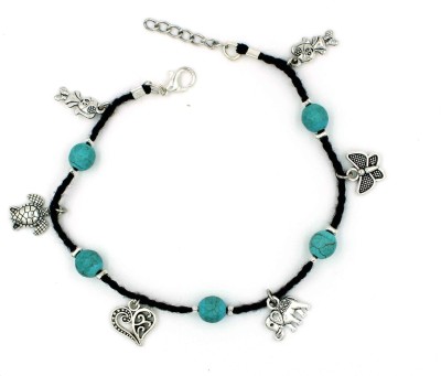 Gurjari Jewellers Black Thread Anklet with Turquoise beads + oxidised charm Cotton Cotton Dori Anklet