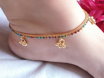 KIRTAN ENTERPRISE Golden Multicolor Stone Anklet with Bead Charms Alloy Anklet