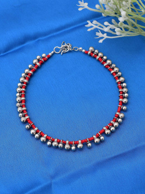 Silvermerc Designs Silver Ghungroo Red Beads Anklet Brass Anklet