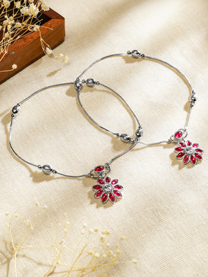 RUBANS Set of 2 Oxidised Silver-Plated Ruby Pink & White Kundan Stone Floral Charm Brass Anklet(Pack of 2)