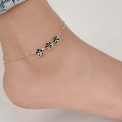 ZALKARI Silver Floral Black Enamel Anklet For Womens & Girls Sterling Silver Anklet