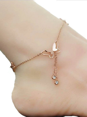 Oomph Rose Gold Tone Butterfly Shape Delicate Single Piece Metal, Alloy Anklet