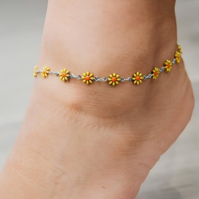 THANU'S CRAFT Silver Adjustable Yellow Daisy Flower Ankle Anklet Bracelets Payal Leg Chain Metal Anklet