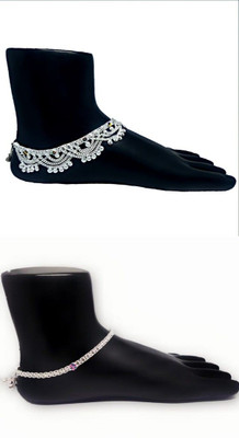 Qrown Indian Traditional Fancy Jewellery Silver White Metal Payal Pair Of Alloy Anklet Alloy Anklet(Pack of 2)