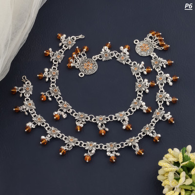 KIRTAN ENTERPRISE Oxidized Silver Brown Beaded Floral Anklets Alloy Anklet