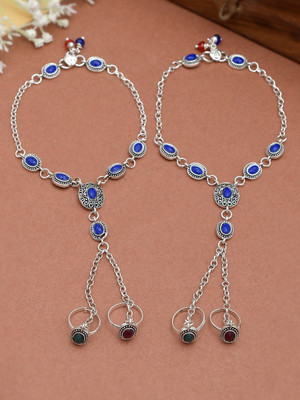 Silvermerc Designs Oxidised Silver Anklet with chained double toe ring Brass Toe Anklet(Pack of 2)