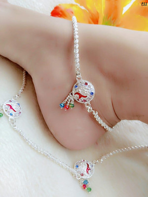 KIRTAN ENTERPRISE Silver Plated Anklet with Decorative Medallions and Color Beads Alloy Anklet