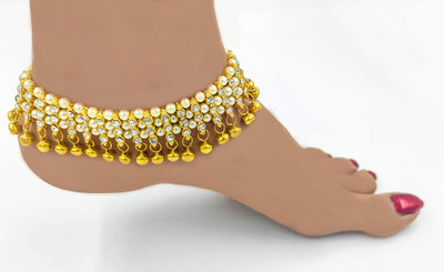 Nutty Bunny Shop4Dreams (Gold Double)Antique Traditional Kundan Pearls Stone Fancy Stylish Gold Plated Payal/Anklet/Pajeb/Payjeb/Painjan/Ghungroo/Anklet Bracelet/Pattilu Alloy Anklet