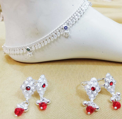 Siya Creation White metal silver plated anklet with Toe ring. Alloy Anklet(Pack of 2)