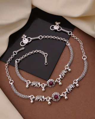 Manmohini International Oxidized Silver Elephant Motif Anklet with Maroon Stone & Ghungroos Alloy Anklet(Pack of 2)