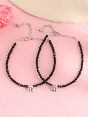 HIGH TRENDZ Set of 2 Black Beads With Tiny Butterfly Charm Crystal Anklet(Pack of 2)