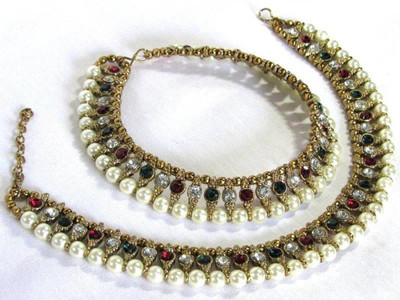 SHREE MAULI CREATION Golden and Pearl Maroon Green Anklet Alloy Anklet