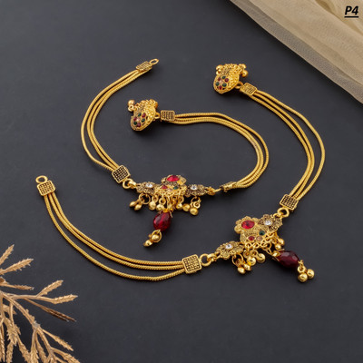 KIRTAN ENTERPRISE Antique Ruby Drop & Peacock Motif Gold-Plated Anklets Alloy Anklet