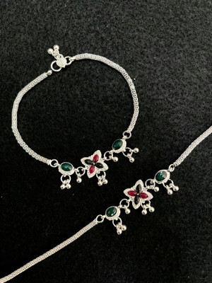 Ratnalok Elegant Silver-Plated Floral Anklet with Colorful Stones Metal Anklet