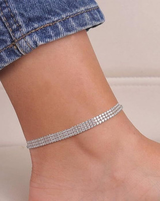 Bawree Stylish Silver Crystal Rhinestone Payal Anklet Toes Foot Chain Single Ankle Stone Anklet