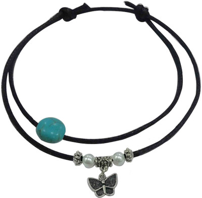 Gurjari Jewellers Turquoise + Moti & Buterfly hanging two layer thread anklet Cotton Dori Anklet