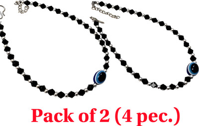 S R STORE Evil Eye Charm Nazariya Payal (Anklet) with Black & Silve Pack of 2 (4 pec.) Crystal Anklet(Pack of 2)