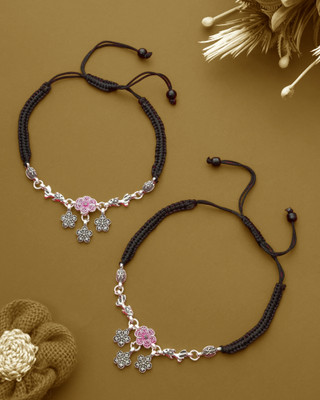 UDk Silver Daisy Anklet with Adjustable Cotton Closure Alloy Anklet(Pack of 2)
