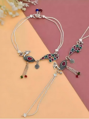Ratnalok Peacock Design Silver-Plated Anklet with Multicolor Stones & Hanging Charms Alloy Anklet