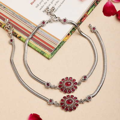 ZENEME Silver-Plated Oxidised Red Gemstone Hoop Pair Of Anklets Alloy Anklet(Pack of 2)