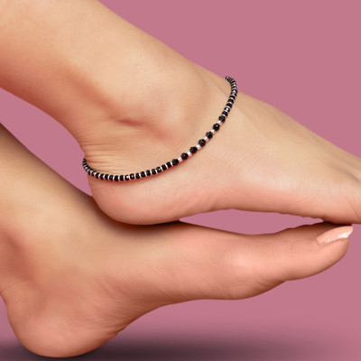 ZAVYA Black & White Beaded 925 Silver Anklet Single | With Certificate of Authenticity Sterling Silver Anklet