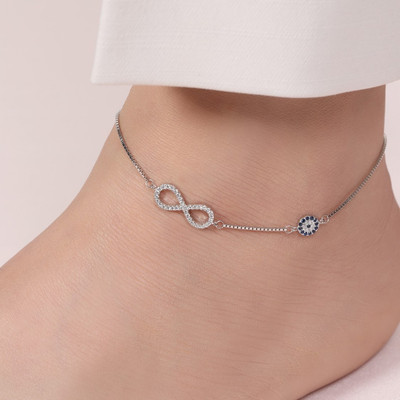 ZAVYA Evil Eye Guardian Rhodium Plated Sterling Silver Anklet