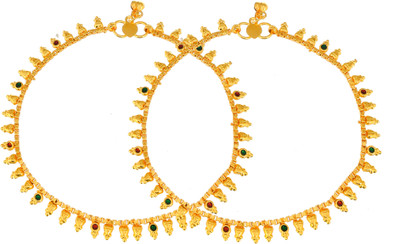 Silvermerc Designs Gold Toned Multi Stone Studded Chain Anklet Brass Anklet(Pack of 2)