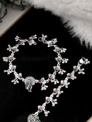 Silvermerc Designs Silver Plated Oxidised Red Stone Studded Anklets Brass Anklet(Pack of 2)