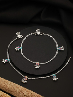 ANOUK Set of 2 Silver-Plated Pink&Blue Anklets with Ghungroo Detail Alloy Anklet(Pack of 2)