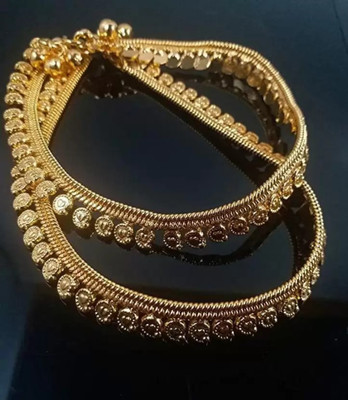 CM FASHIONS 10.5'' inches Gold Plated Brass Stylish Thin Size Anklets kolusu Payal. Alloy Anklet(Pack of 2)