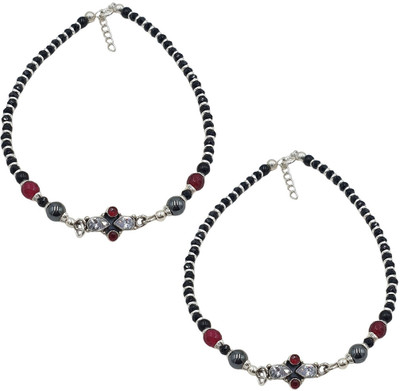 Sahiba Gems Royal Look Designer Ruby & Zircon Beads (Payal) Sterling Silver Anklet(Pack of 2)