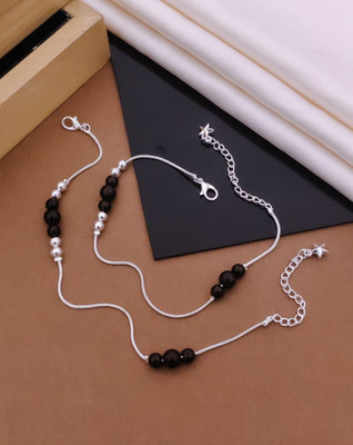 KanGen Villa Creation Silver-Plated Anklet Pair with Black Beads & Star Charm for Women and Girls Alloy Anklet(Pack of 2)