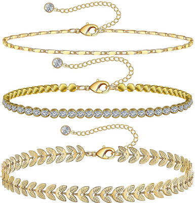 Bawree Traditional Adjustable Gold Plated Layered Anklet With AD Stone Tennis Chain & Metal Anklet(Pack of 3)