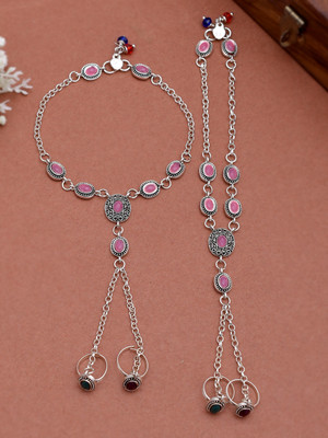 Silvermerc Designs Oxidised Silver plated Anklet with chained double toe ring Brass Toe Anklet