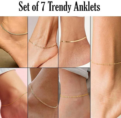 THANU'S CRAFT Trendy 8-Piece Gold Plated Adjustable Anklet Combo Set Herringbone, Rope Metal Toe Anklet(Pack of 8)