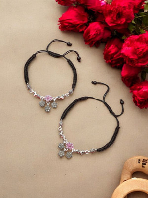 UDk Handcrafted Silver Plated Anklet with Black Thread & Beaded Pattern Alloy Anklet(Pack of 2)