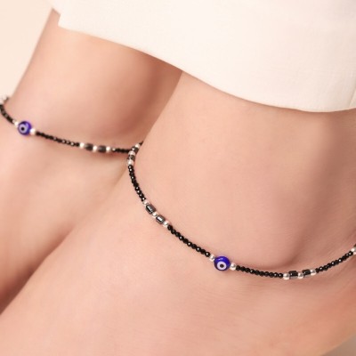 ZAVYA Evil Eye & Beads Rhodium Plated Pair Anklet|With Certificate of Authenticity 925 Sterling Silver Anklet(Pack of 2)