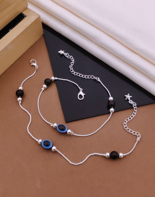 KanGen Villa Creation Silver-Plated Evil Eye & Bead Anklet Set for Women & Girls – Adjustable Pair Alloy Anklet(Pack of 2)