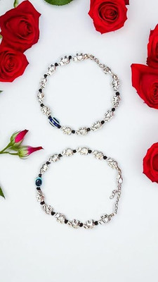 HIGH TRENDZ Set of 2 Black Beads With Evil Eye And Elephant Charm Crystal Anklet(Pack of 2)