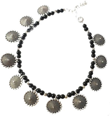 MANMORA BLACK BEADS WITH SILVER SHADED HANGING FLOWER METAL CHAIN ANKLET Metal Anklet