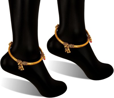 Uniqon 1 Pair Rajasthani Style Golden Alloy Ghungroo Leg Painjan Payal Foot Bangle Kada Stainless Steel Anklet(Pack of 2)