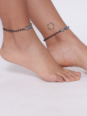 AATMANA Set of 2 Silver-Plated & Black Beaded Handcrafted Tortoise & Evil Eye Anklet Brass Anklet(Pack of 2)
