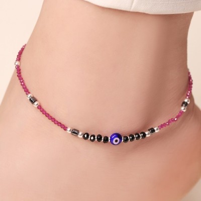 ZAVYA Pink Evil Eye Rhodium Plated Anklet | With Certificate of Authenticity 925 Sterling Silver Anklet