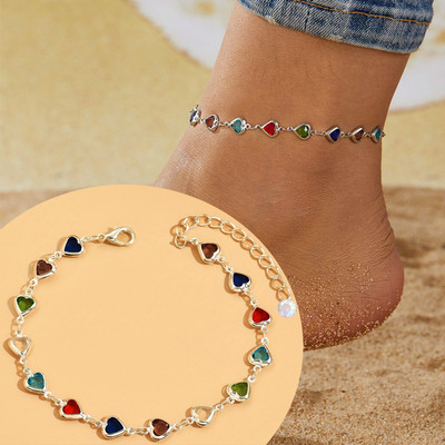 VAMA Silver Plated Multicolor Heart Design Crystal Stone Single Leg Ankle Anklet Metal Anklet