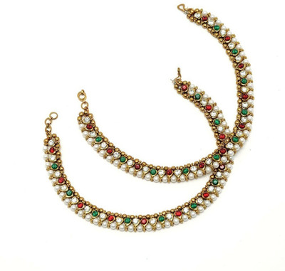 Charms Red & Green Stone With Pearl Beaded Alloy Anklet(Pack of 2)