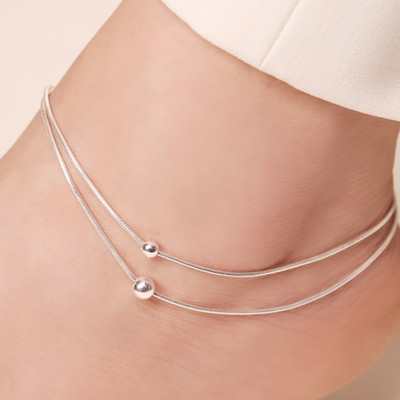ZAVYA Double String Bead Rhodium Plated 925 Sterling Silver Chain Anklet Sterling Silver Anklet